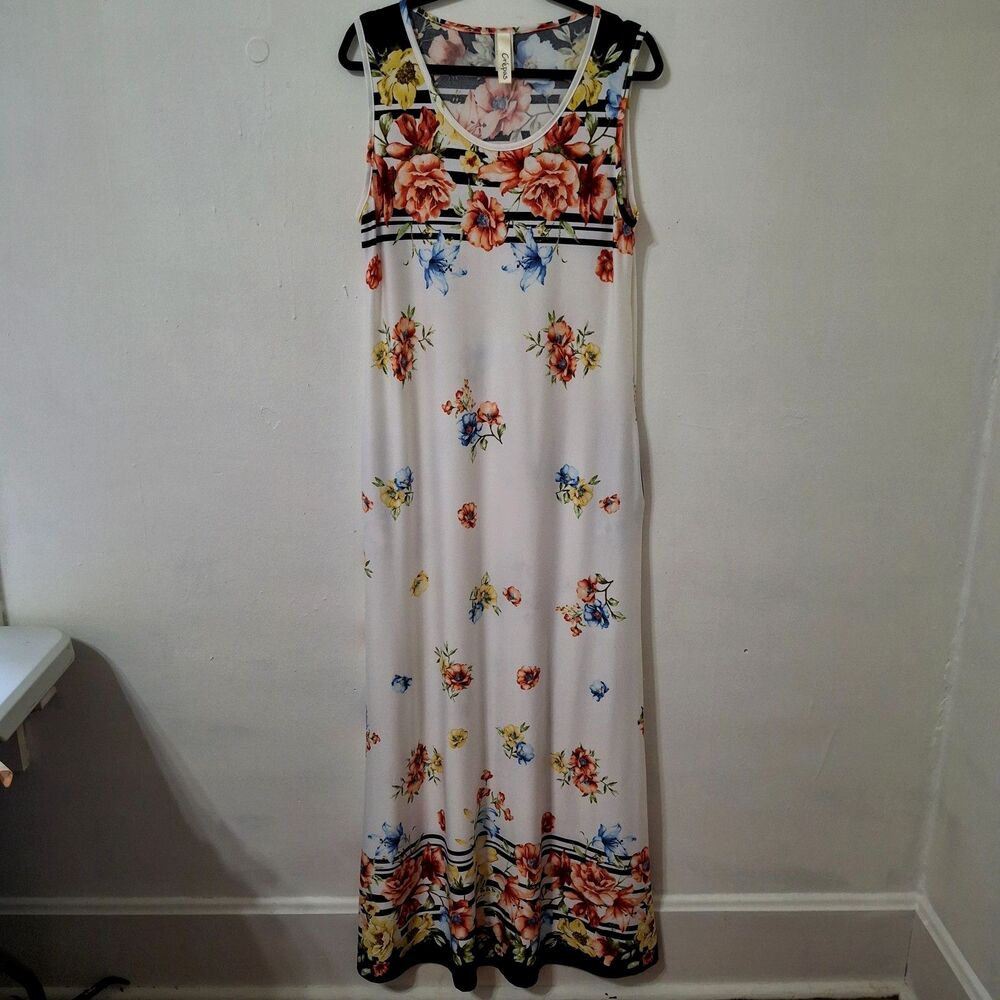 Crepas Boutique Floral Striped Border Tank Maxi Size L USA. Resort Retro Boho